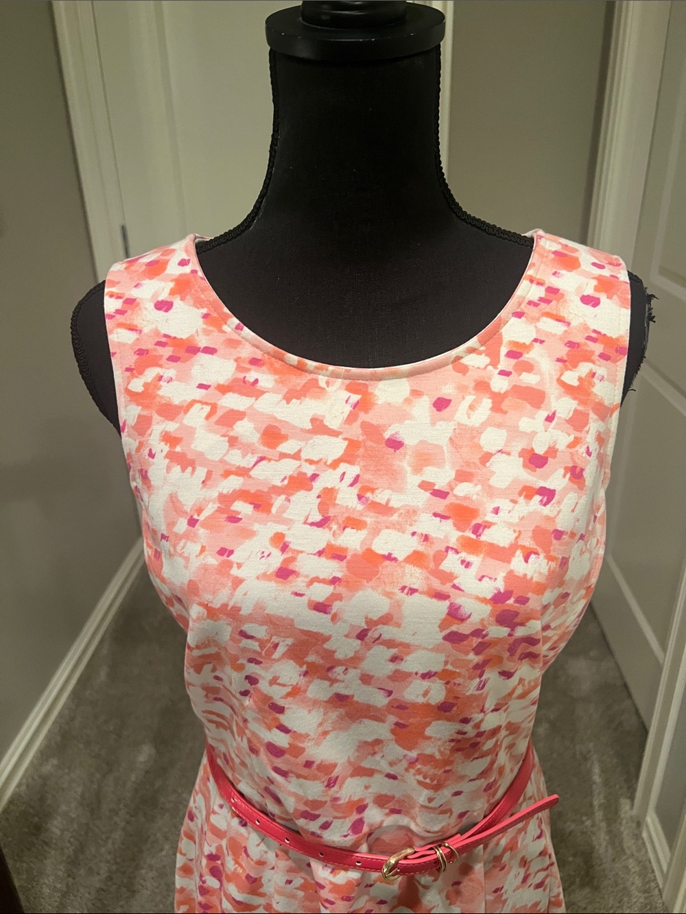 Coral, Pink & White Sleeveless Fit-and-Flare Midi Dress - Picture 4 of 9